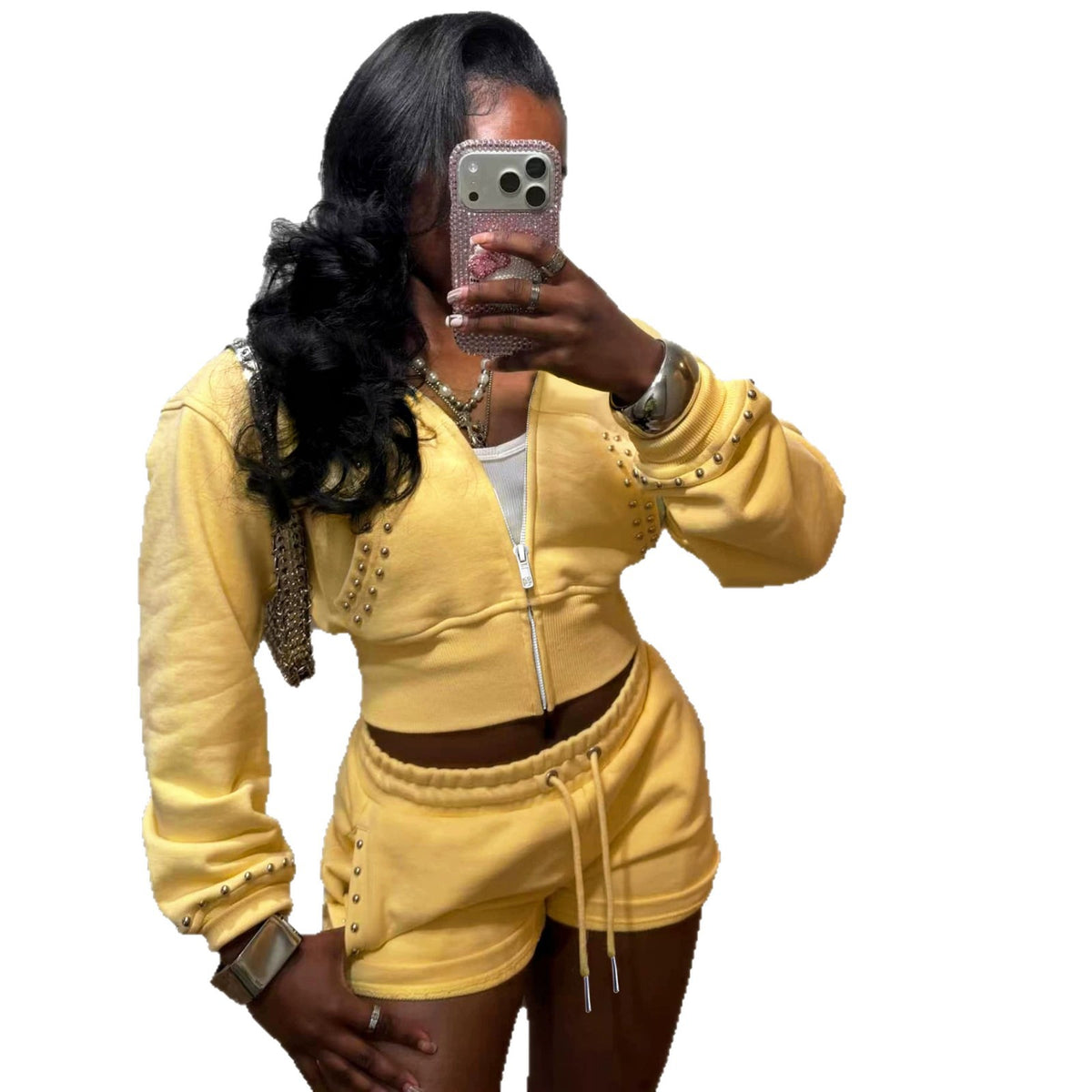 Gelbes Set mit Zip-Hoodie und Shorts – Produktansicht 5