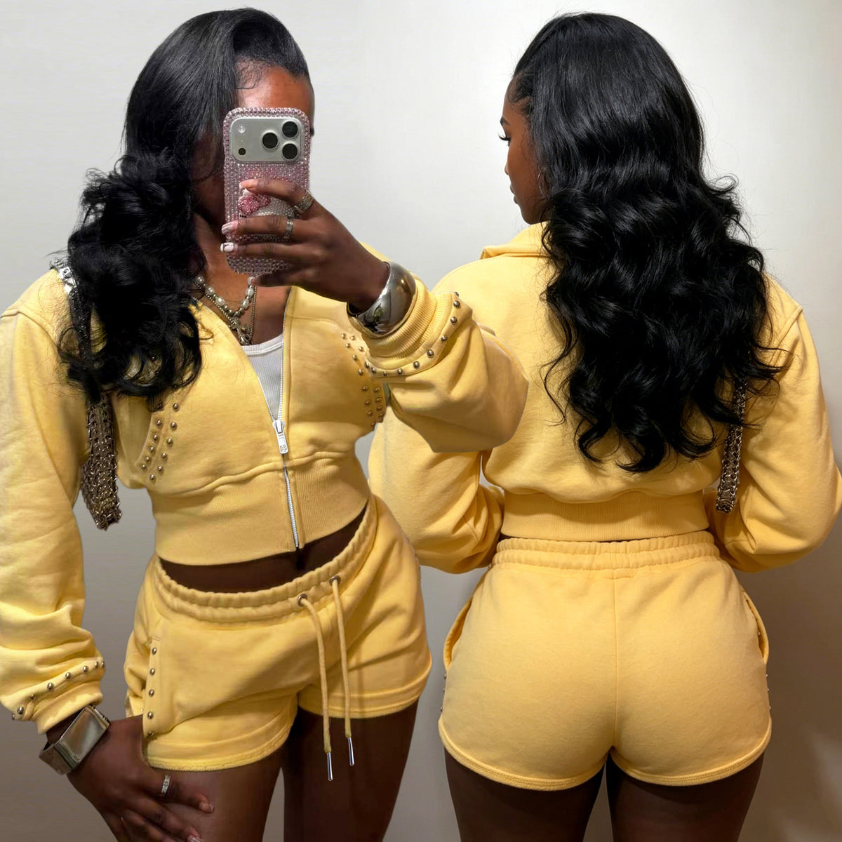 Gelbes Set mit Zip-Hoodie und Shorts – Produktansicht 1