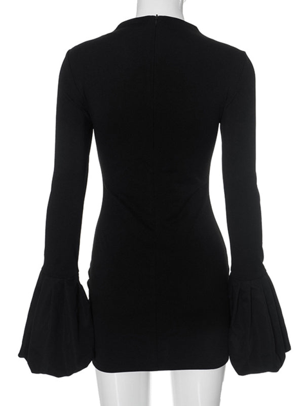 Women's round neck long sleeve puff sleeve dress